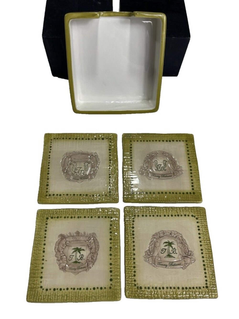 Set of 4 Tommy Bahama Ceramic Tile Coasters Paradise Tropical Palm Sea Horse
